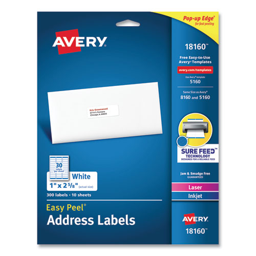 Image of Avery® Easy Peel White Address Labels With Sure Feed Technology, Inkjet Printers, 1 X 2.63, White, 30/sheet, 10 Sheets/pack