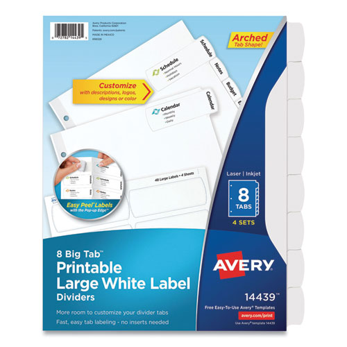 Image of Avery® Big Tab Printable Large White Label Tab Dividers, 8-Tab, 11 x 8.5, White, 4 Sets