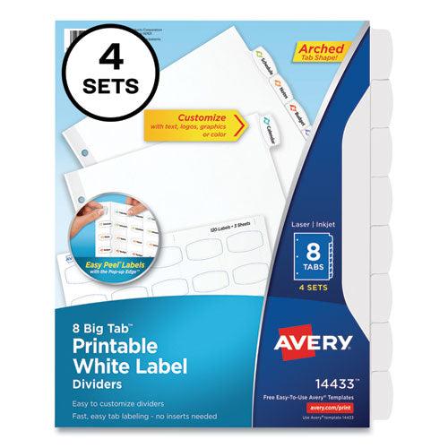 Image of Avery® Big Tab Printable White Label Tab Dividers, 8-Tab, 11 x 8.5, White, 4 Sets