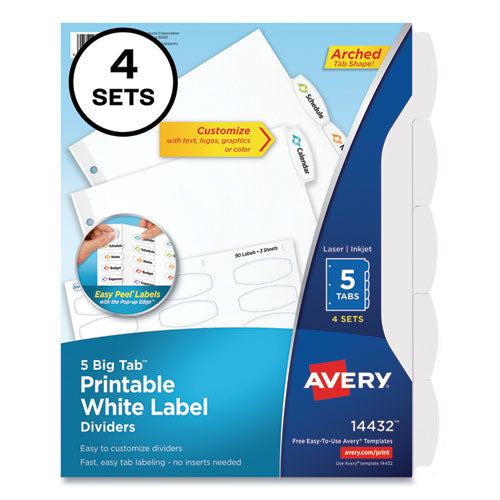Image of Avery® Big Tab Printable White Label Tab Dividers, 5-Tab, 11 x 8.5, White, 4 Sets