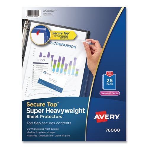 Image of Avery® Secure Top Sheet Protectors, Super Heavy Gauge, Letter, Diamond Clear, 25/pack