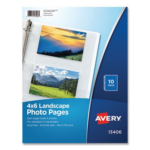 Image of Avery® Photo Storage Pages For Four 4 X 6 Horizontal Photos, 3-Hole Punched, 10/pack