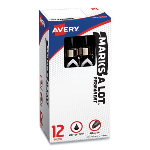 Image of Avery® Marks A Lot Large Desk-Style Permanent Marker With Metal Pocket Clip, Broad Bullet Tip, Black, Dozen (24878)