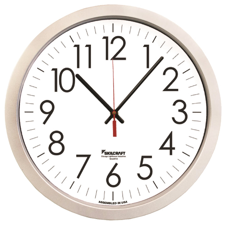 Image of Quartz Wall Clock, Silver Plastic Frame, 14.5" Diameter