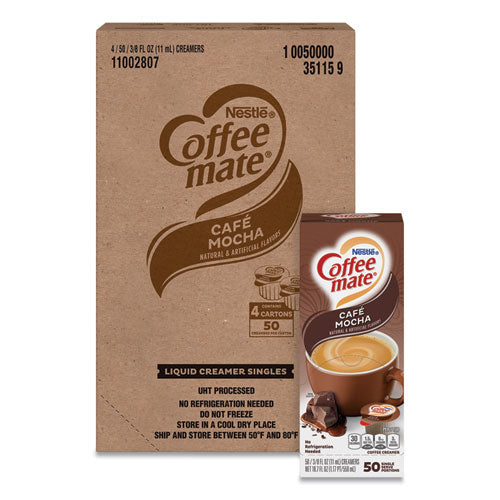 Image of Coffee mate® Liquid Coffee Creamer, Cafe Mocha, 0.38 oz Mini Cups, 50/Box, 4 Boxes/Carton