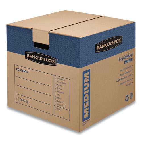 Image of Bankers Box® SmoothMove Prime Moving/Storage Boxes, Hinged Lid, Regular Slotted Container, Medium, 18" x 18" x 16", Brown/Blue, 8/Carton