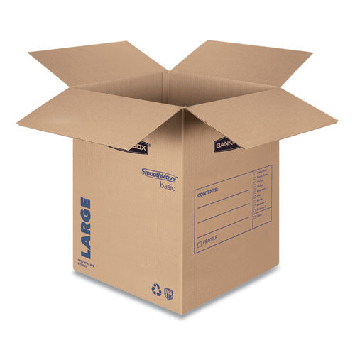 Image of Bankers Box® SmoothMove Basic Moving Boxes, Regular Slotted Container (RSC), Large, 18" x 18" x 24", Brown/Blue, 15/Carton