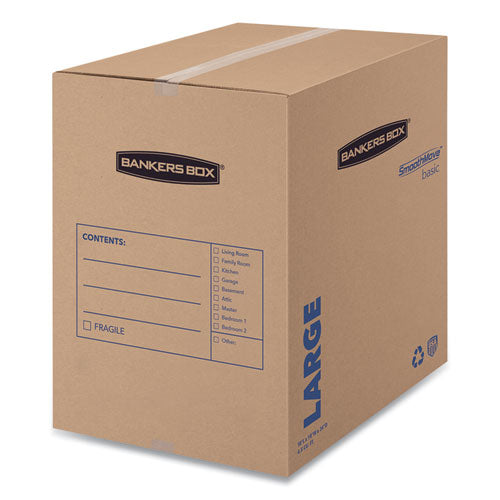 Image of Bankers Box® SmoothMove Basic Moving Boxes, Regular Slotted Container (RSC), Large, 18" x 18" x 24", Brown/Blue, 15/Carton
