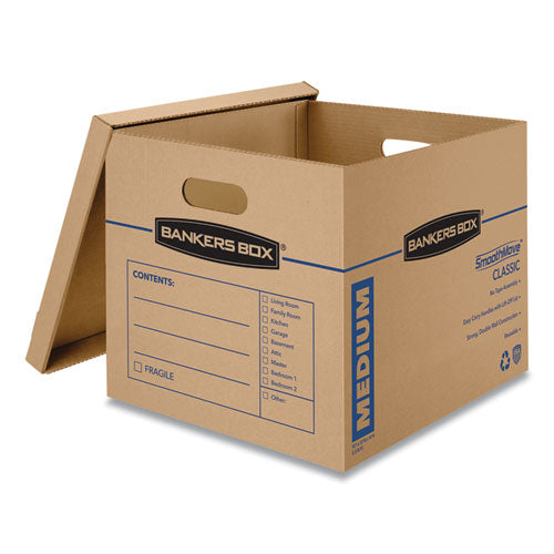 Image of Bankers Box® SmoothMove Classic Moving/Storage Boxes, Half Slotted Container (HSC), Medium, 15" x 18" x 14", Brown/Blue, 8/Carton