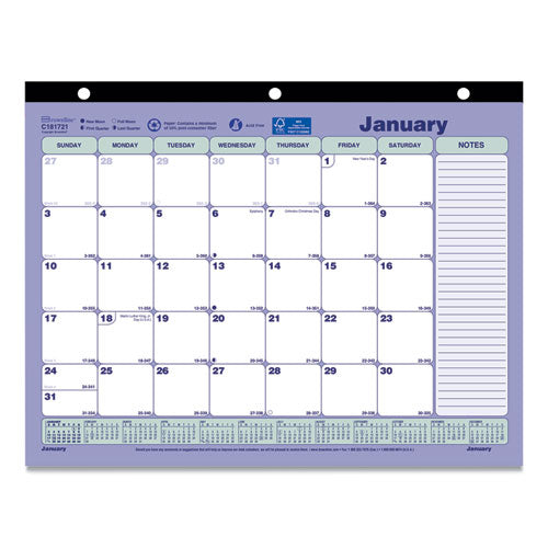 Image of Brownline® Monthly Desk Pad Calendar, 3-Hole Punched, 11 x 8.5, White/Blue/Green Sheets, Black Binding, 12-Month (Jan to Dec): 2025
