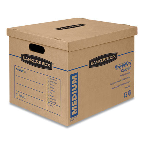 Image of Bankers Box® SmoothMove Classic Moving/Storage Boxes, Half Slotted Container (HSC), Medium, 15" x 18" x 14", Brown/Blue, 8/Carton