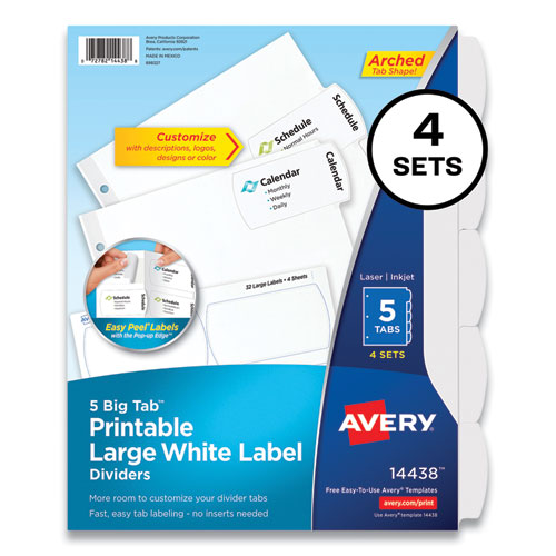 Image of Avery® Big Tab Printable Large White Label Tab Dividers, 5-Tab, 11 X 8.5, White, 4 Sets
