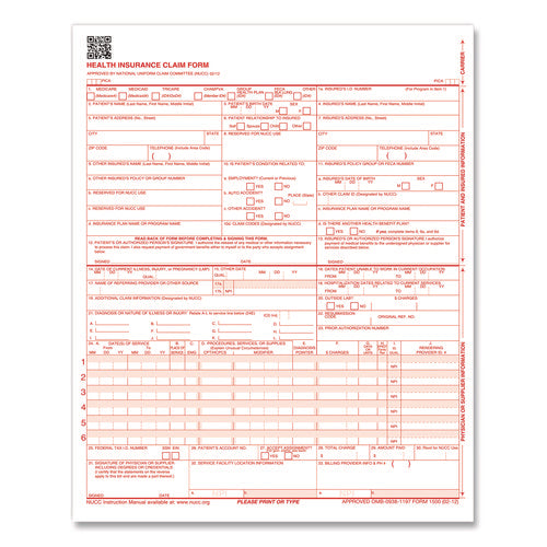 Image of ComplyRight® CMS-1500 Health Insurance Claim Form, One-Part (No Copies), 8.5 x 11, 1,000 Forms Total