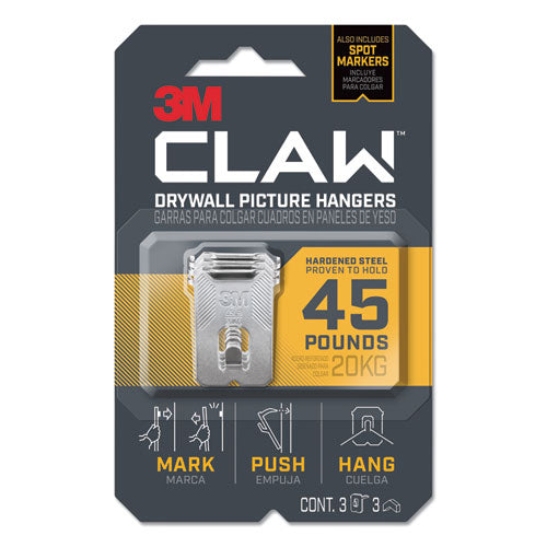 Image of 3M Claw Drywall Picture Hanger, Stainless Steel, 45 lb Capacity, 3 Hooks and 3 Spot Markers