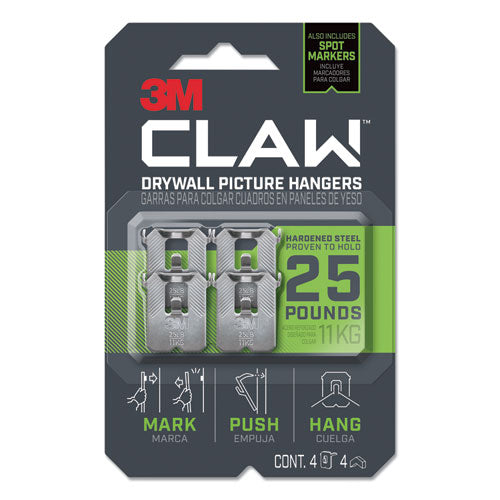 Image of 3M Claw Drywall Picture Hanger, Stainless Steel, 25 lb Capacity, 4 Hooks and 4 Spot Markers,