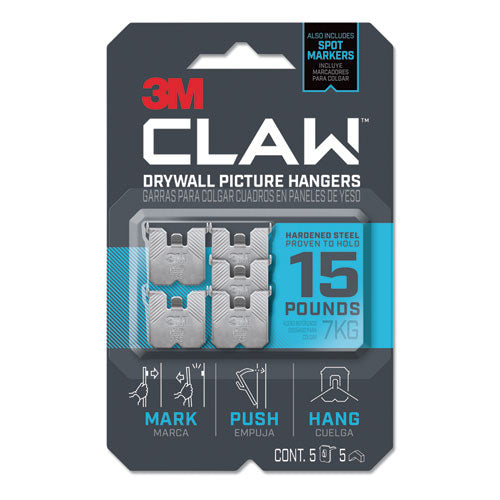 Image of 3M Claw Drywall Picture Hanger, Stainless Steel, 15 lb Capacity, 5 Hooks and 5 Spot Markers