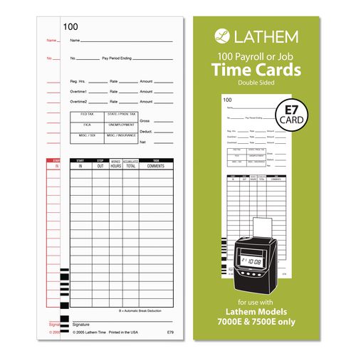 Image of Lathem® Time Time Clock Cards For Lathem Time 7000e/7500e, Two Sides, 3.38 X 8.78, 100/pack