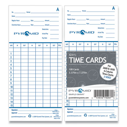 Image of Pyramid Technologies Time Clock Cards For Pyramid Technologies 2000/6000, Two Sides, 3.38 X 7.44, 100/pack