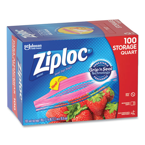 Image of Ziploc® Seal Top Bags, Quart, 7.44" x 7", Clear, 100/Box