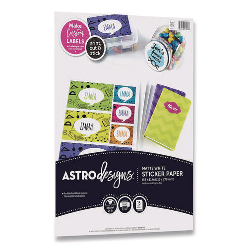 Image of Astrobrights® Astrodesigns Sticker Paper Labels, Inkjet/laser Printers, 8.5 X 11, White, 15/pack