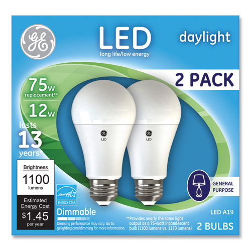 Image of GE 75W LED Bulbs, A19, 12 W, Daylight, 2/Pack