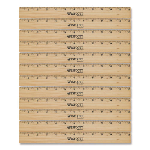 Image of Westcott® Beveled Wood Ruler, Standard, 12" Long, Natural Hardwood, 12/pack