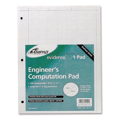 Image of Ampad® Evidence Engineer's Computation Pad, Cross-Section Quadrille Rule (5 Sq/in, 1 Sq/in), 100 Green-Tint 8.5 X 11 Sheets