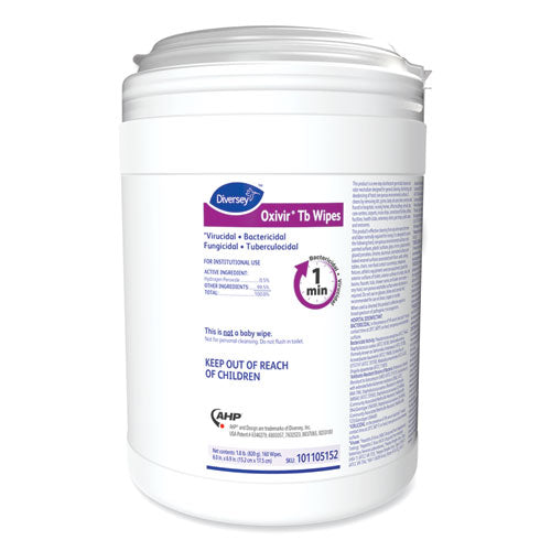Image of Diversey Oxivir TB Disinfectant Wipes, 6 x 6.9, Characteristic Scent, White, 160/Canister, 4 Canisters/Carton