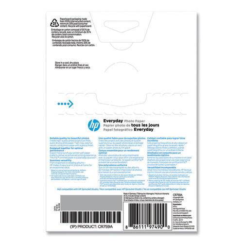 Image of HP Everyday Glossy Photo Paper, 8 Mil, 4 X 6, Glossy White, 100/pack
