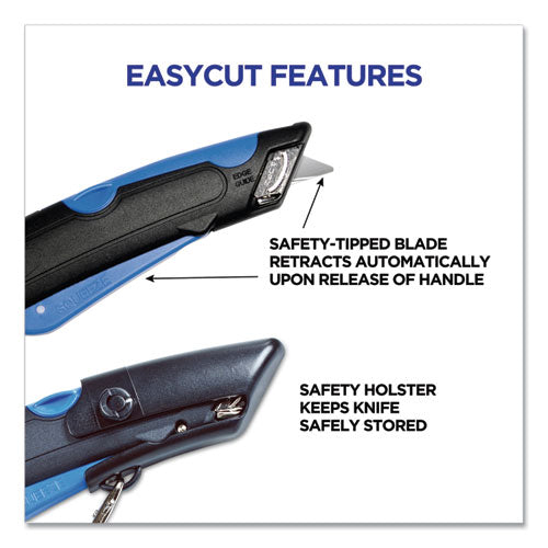 Image of COSCO Easycut Self-Retracting Cutter with Safety-Tip Blade, Holster and Lanyard, 6" Plastic Handle, Black/Blue