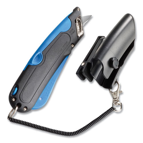 Image of COSCO Easycut Self-Retracting Cutter with Safety-Tip Blade, Holster and Lanyard, 6" Plastic Handle, Black/Blue