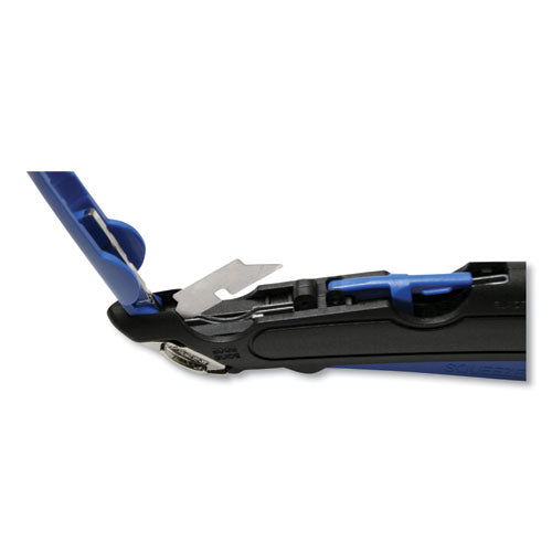 Image of COSCO Easycut Self-Retracting Cutter with Safety-Tip Blade, Holster and Lanyard, 6" Plastic Handle, Black/Blue