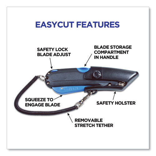 Image of COSCO Easycut Self-Retracting Cutter with Safety-Tip Blade, Holster and Lanyard, 6" Plastic Handle, Black/Blue