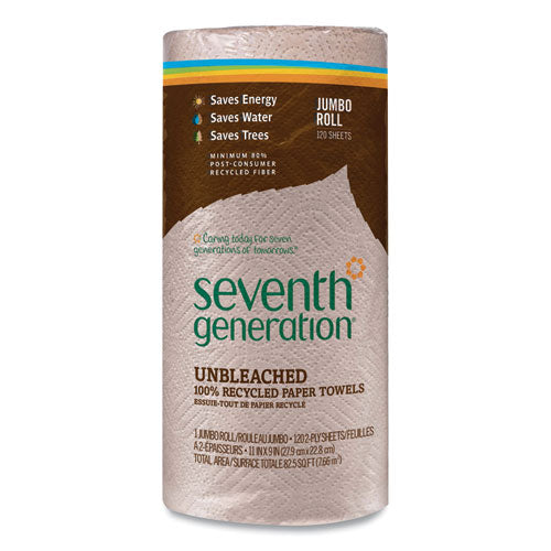 Image of Seventh Generation® Natural Unbleached 100% Recycled Paper Kitchen Towel Rolls, 2-Ply, Individually Wrapped, 11 x 9, 120/Roll, 30 Rolls/Carton