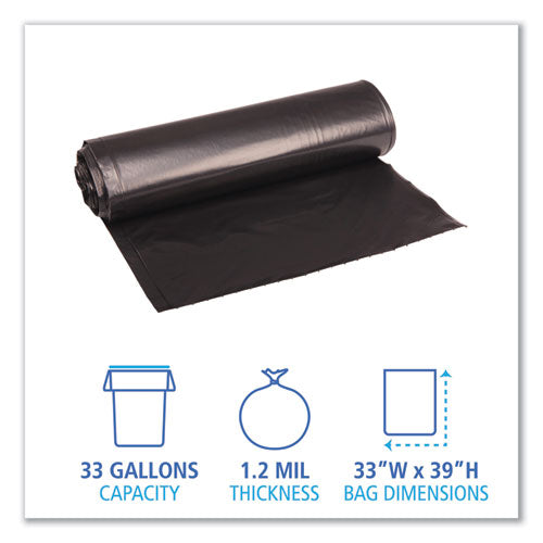 Image of Boardwalk® Recycled Low-Density Polyethylene Can Liners, 33 gal, 1.2 mil, 33" x 39", Black, Perforated, 10 Bags/Roll, 10 Rolls/Carton