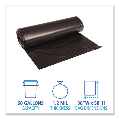 Image of Boardwalk® Recycled Low-Density Polyethylene Can Liners, 60 gal, 1.2 mil, 38" x 58", Black, Perforated, 10 Bags/Roll, 10 Rolls/Carton