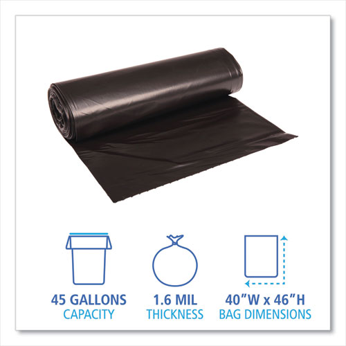 Image of Boardwalk® Recycled Low-Density Polyethylene Can Liners, 45 gal, 1.6 mil, 40" x 46", Black, Perforated, 10 Bags/Roll, 10 Rolls/Carton