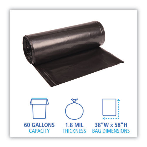 Image of Boardwalk® Recycled Low-Density Polyethylene Can Liners, 60 gal, 1.8 mil, 38" x 58", Black, Perforated, 10 Bags/Roll, 10 Rolls/Carton