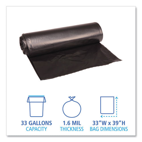 Image of Boardwalk® Recycled Low-Density Polyethylene Can Liners, 33 gal, 1.6 mil, 33" x 39", Black, Perforated, 10 Bags/Roll, 10 Rolls/Carton