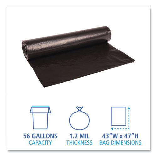 Image of Boardwalk® Recycled Low-Density Polyethylene Can Liners, 56 gal, 1.2 mil, 43" x 47", Black, Perforated, 10 Bags/Roll, 10 Rolls/Carton
