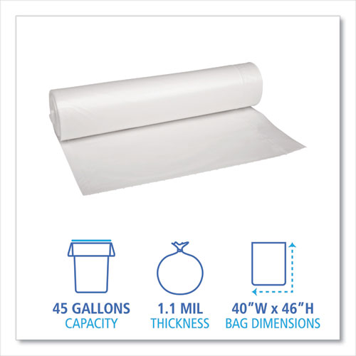 Image of Boardwalk® Recycled Low-Density Polyethylene Can Liners, 45 gal, 1.1 mil, 40" x 46", Clear, Perforated, 10 Bags/Roll, 10 Rolls/Carton