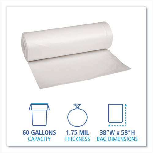 Image of Boardwalk® Recycled Low-Density Polyethylene Can Liners, 60 gal, 1.75 mil, 38" x 58", Clear, Perforated, 10 Bags/Roll, 10 Rolls/Carton