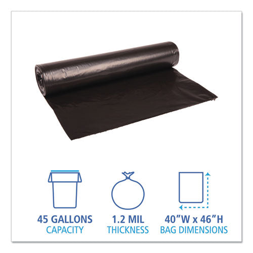 Image of Boardwalk® Recycled Low-Density Polyethylene Can Liners, 45 gal, 1.2 mil, 40" x 46", Black, Perforated, 10 Bags/Roll, 10 Rolls/Carton