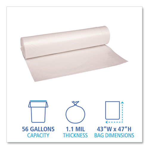 Image of Boardwalk® Recycled Low-Density Polyethylene Can Liners, 56 gal, 1.1 mil, 43" x 47", Clear, Perforated, 10 Bags/Roll, 10 Rolls/Carton