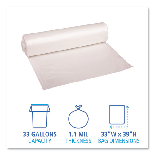 Image of Boardwalk® Recycled Low-Density Polyethylene Can Liners, 33 gal, 1.1 mil, 33" x 39", Clear, Perforated, 10 Bags/Roll, 10 Rolls/Carton