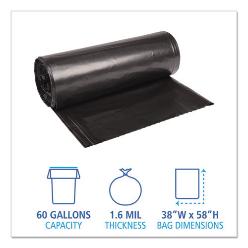 Image of Boardwalk® Recycled Low-Density Polyethylene Can Liners, 60 gal, 1.6 mil, 38" x 58", Black, Perforated, 10 Bags/Roll, 10 Rolls/Carton