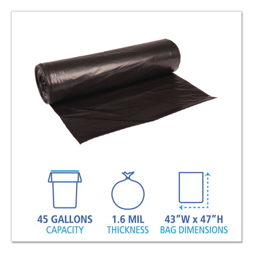 Image of Boardwalk® Recycled Low-Density Polyethylene Can Liners, 56 gal, 1.6 mil, 43" x 47", Black, Perforated, 20 Bags/Roll, 5 Rolls/Carton