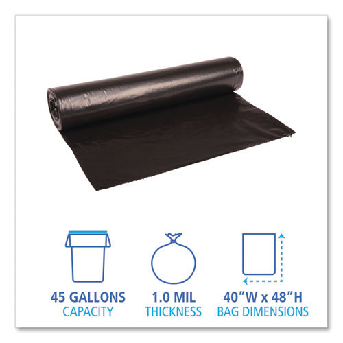 Image of Boardwalk® Recycled Low-Density Polyethylene Can Liners, 45 gal, 0.8 mil, 40" x 48", Black, Perforated, 10 Bags/Roll, 10 Rolls/Carton