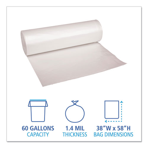 Image of Boardwalk® Recycled Low-Density Polyethylene Can Liners, 60 gal, 1.4 mil, 38" x 58", Clear, Perforated, 10 Bags/Roll, 10 Rolls/Carton