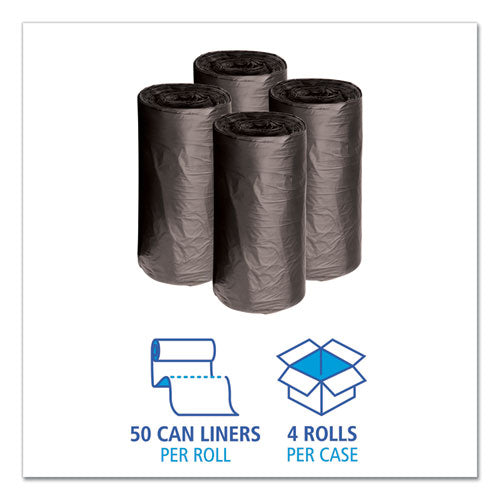 Image of Boardwalk® Low-Density Waste Can Liners, 10 gal, 0.35 mil, 24" x 23", Black, Perforated Roll, 50 Bags/Roll, 10 Rolls/Carton